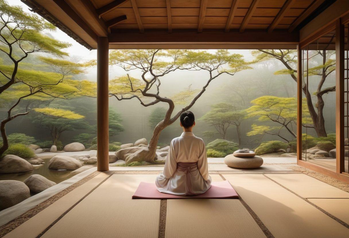 A serene landscape featuring a peaceful zen garden with elements of traditional Korean architecture, combined with abstract representations of mental wellness symbols like a brain and floating leaves. Soft pastel colors dominate the scene, symbolizing tranquility and mindfulness. Include a person meditating in the foreground, embodying harmony and innovation in mental health practices. super-realistic. vibrant colors. soft background.